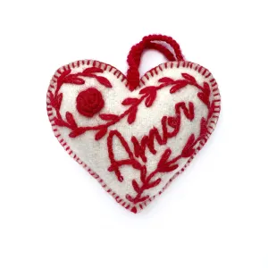 AMOR Heart Ornament, Embroidered Wool