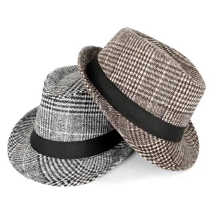 Autumn And Winter New Woolen Cloth Men's Top Hat Men's British Retro Fashion Plaid Fedora Hat