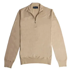 Beige Virgin Wool Fine Knit Quarter Zip Sweater