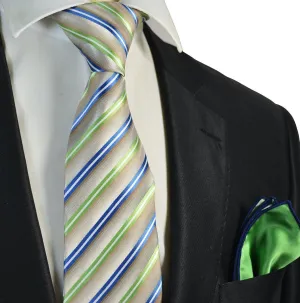 Blue and Green Striped Men's Tie and Pocket Square