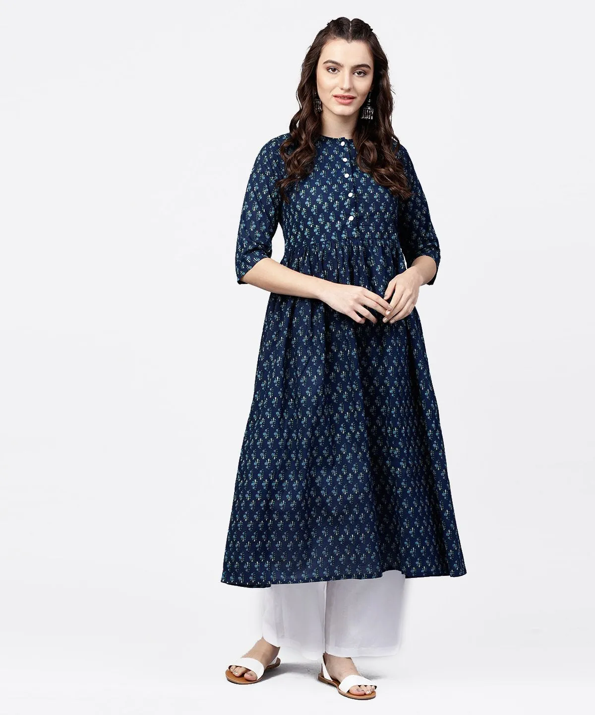 Blue Printed Gathered A-Line Kurta With White Palazzo