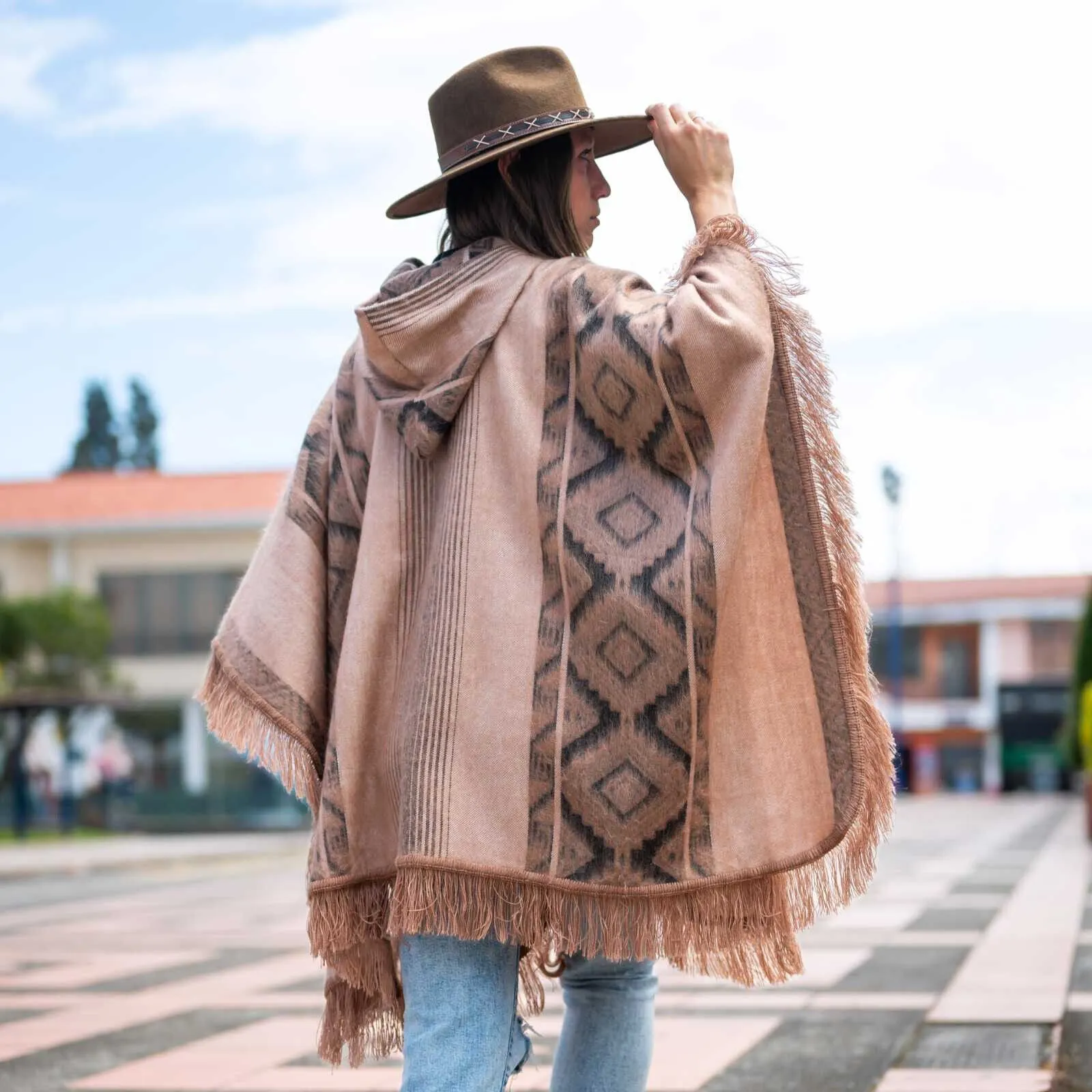 Conambo - Lightweight Baby Alpaca Fringed Hooded Poncho - Taupe & Charcoal - Unisex