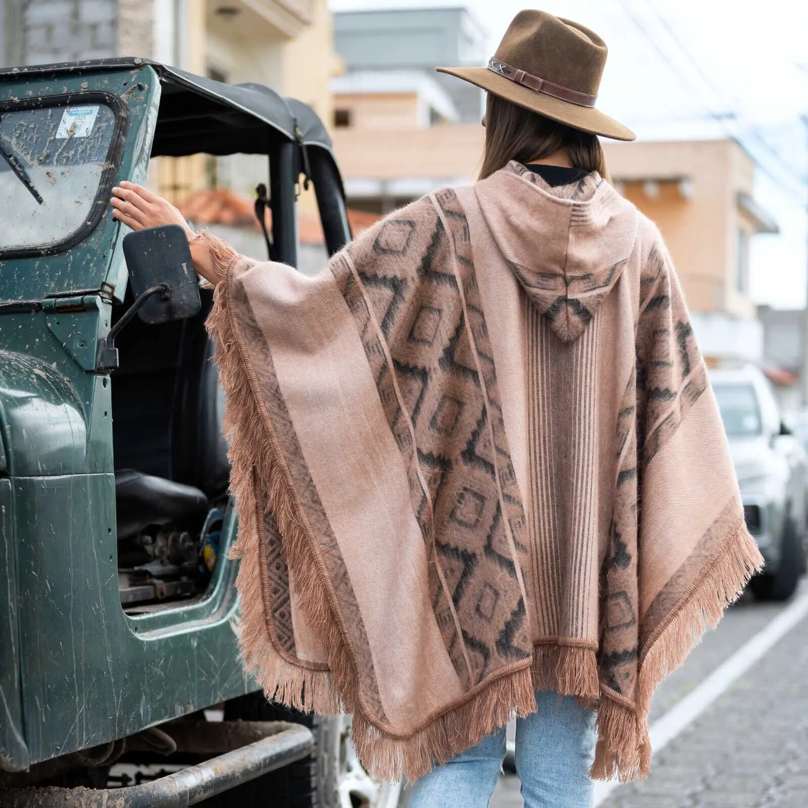 Conambo - Lightweight Baby Alpaca Fringed Hooded Poncho - Taupe & Charcoal - Unisex