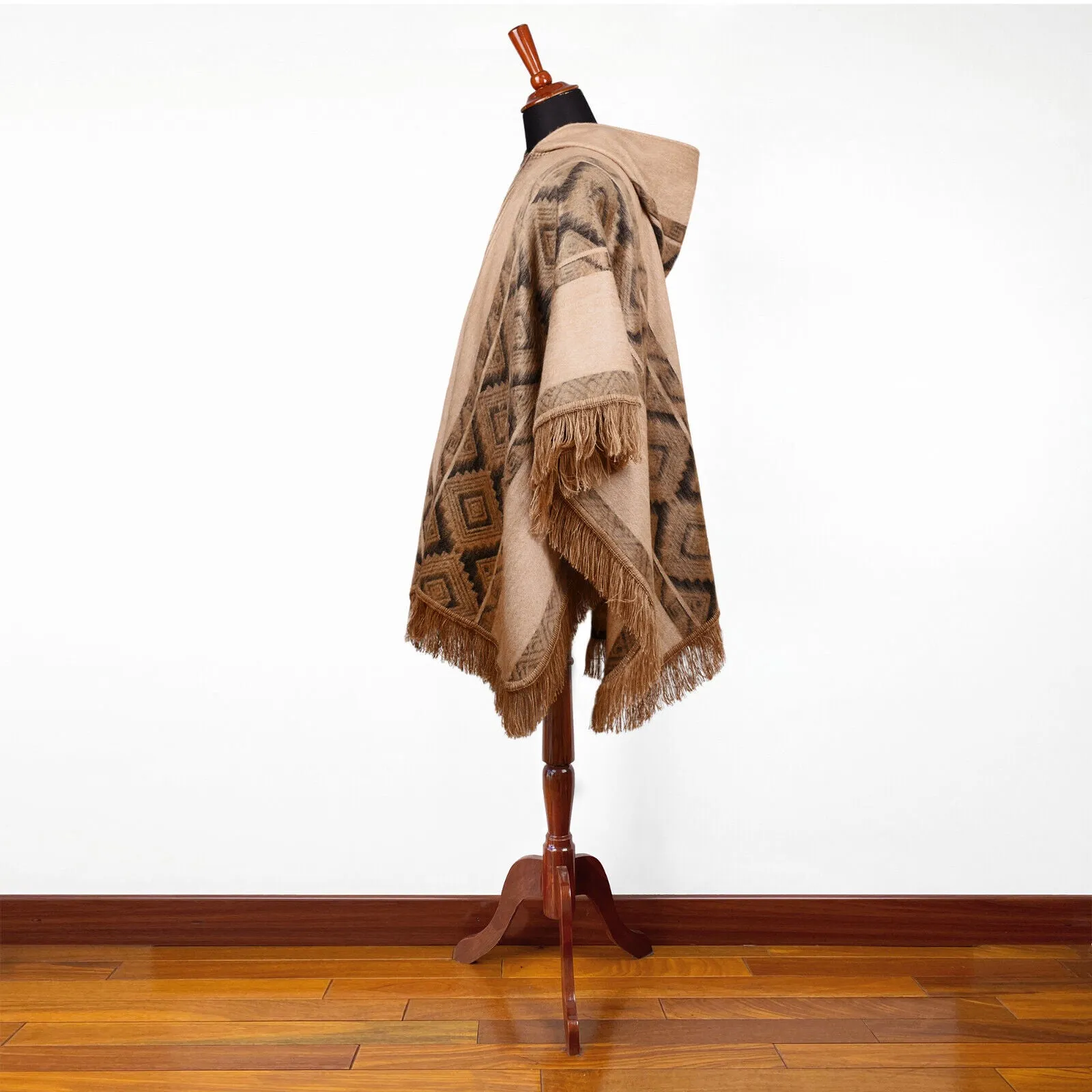 Conambo - Lightweight Baby Alpaca Fringed Hooded Poncho - Taupe & Charcoal - Unisex