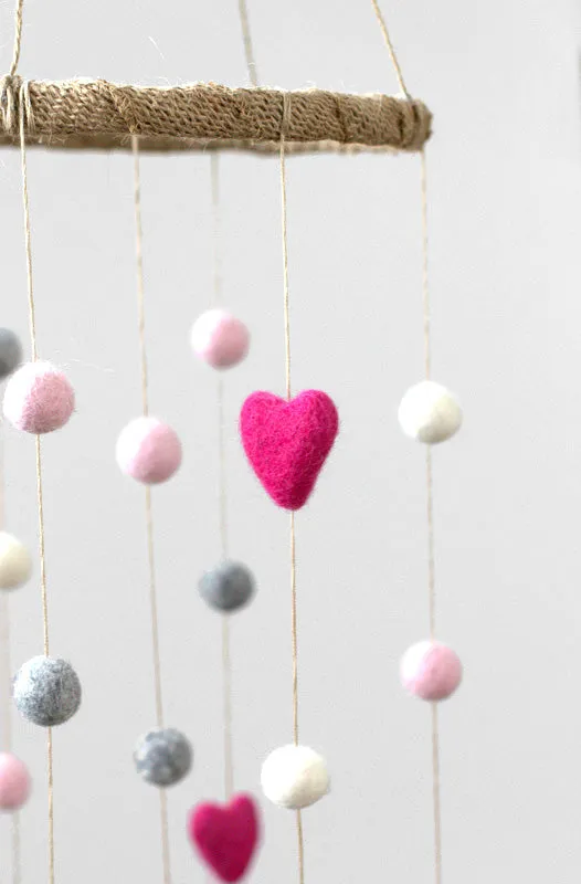 Felt Ball & Heart Nursery Mobile- Pink, Gray, White- SMALL