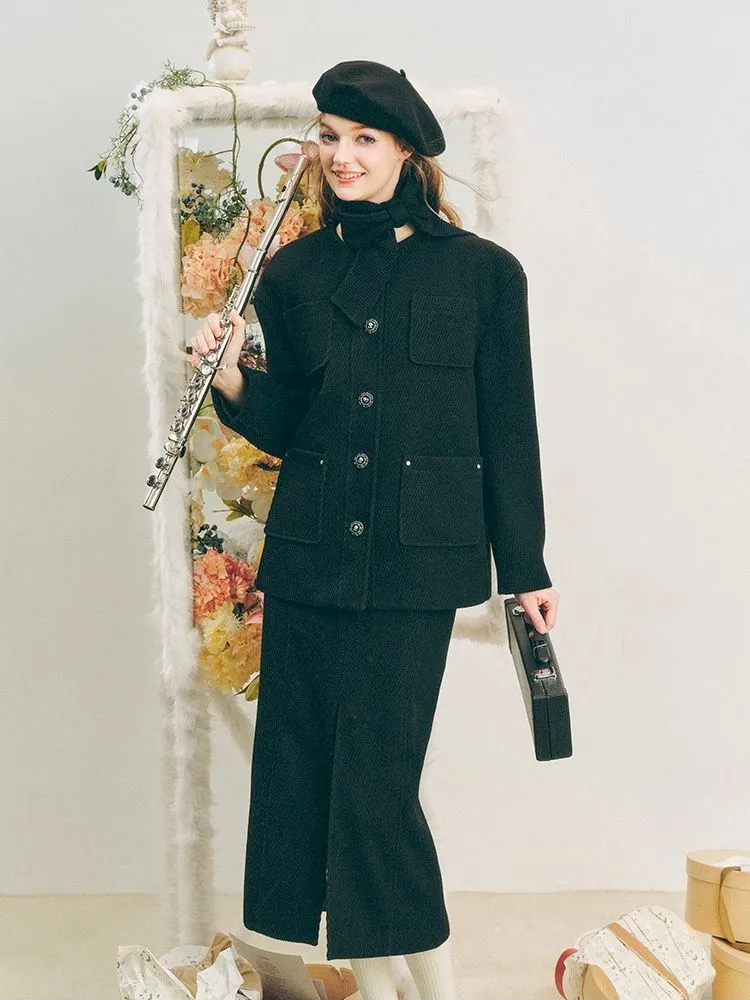 Music Lessons Wool Jacket Black Split Half Skirt Set【s0000005285】