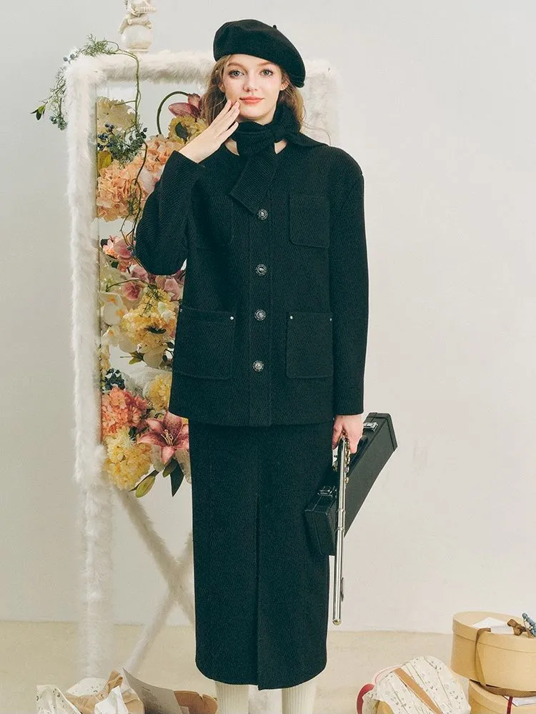 Music Lessons Wool Jacket Black Split Half Skirt Set【s0000005285】