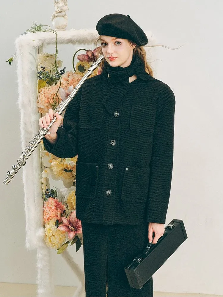 Music Lessons Wool Jacket Black Split Half Skirt Set【s0000005285】