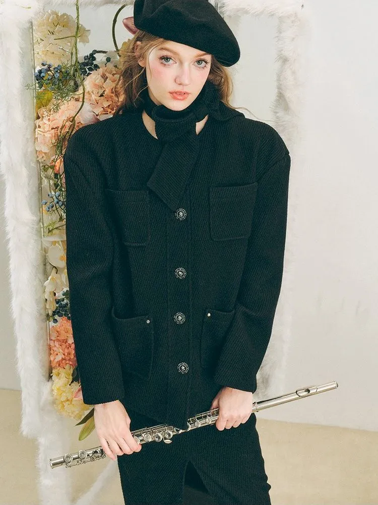 Music Lessons Wool Jacket Black Split Half Skirt Set【s0000005285】