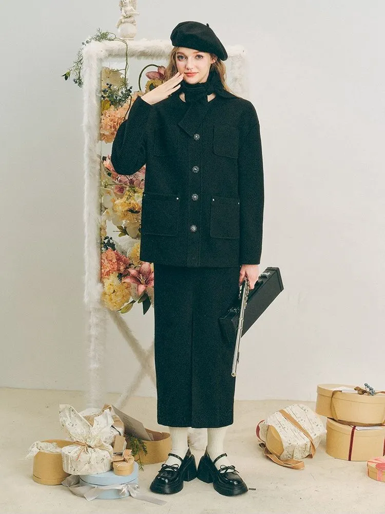 Music Lessons Wool Jacket Black Split Half Skirt Set【s0000005285】