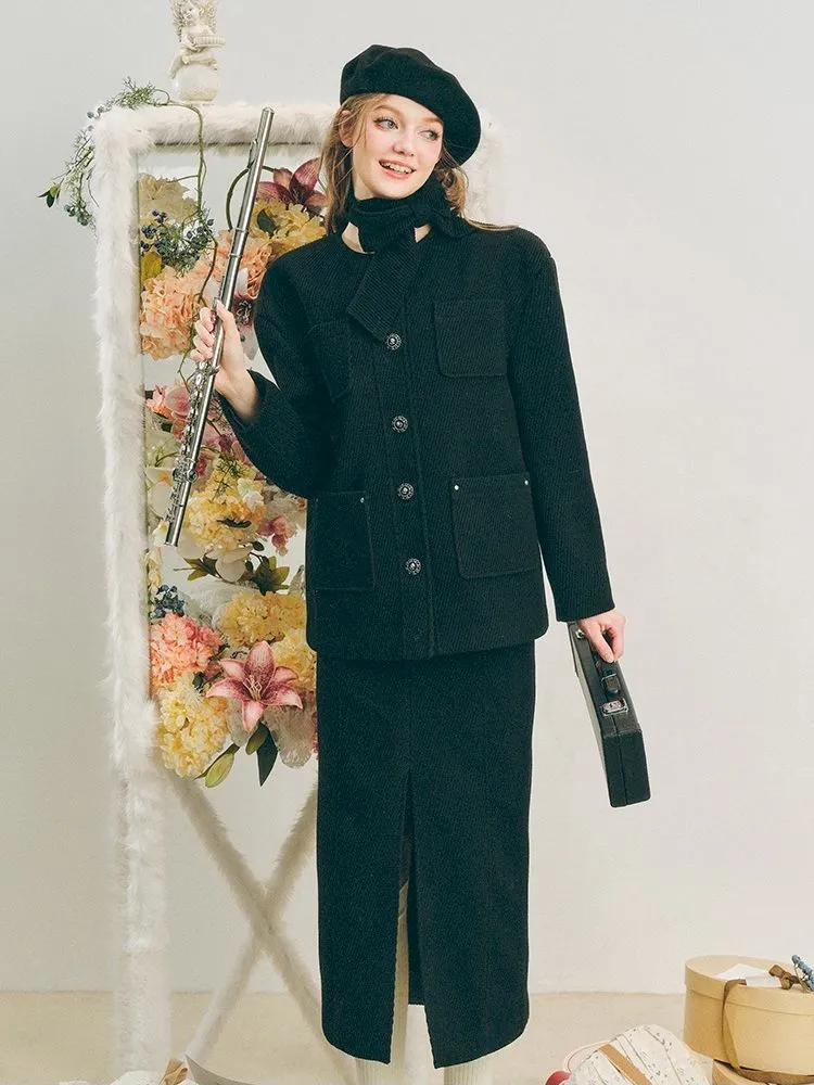 Music Lessons Wool Jacket Black Split Half Skirt Set【s0000005285】