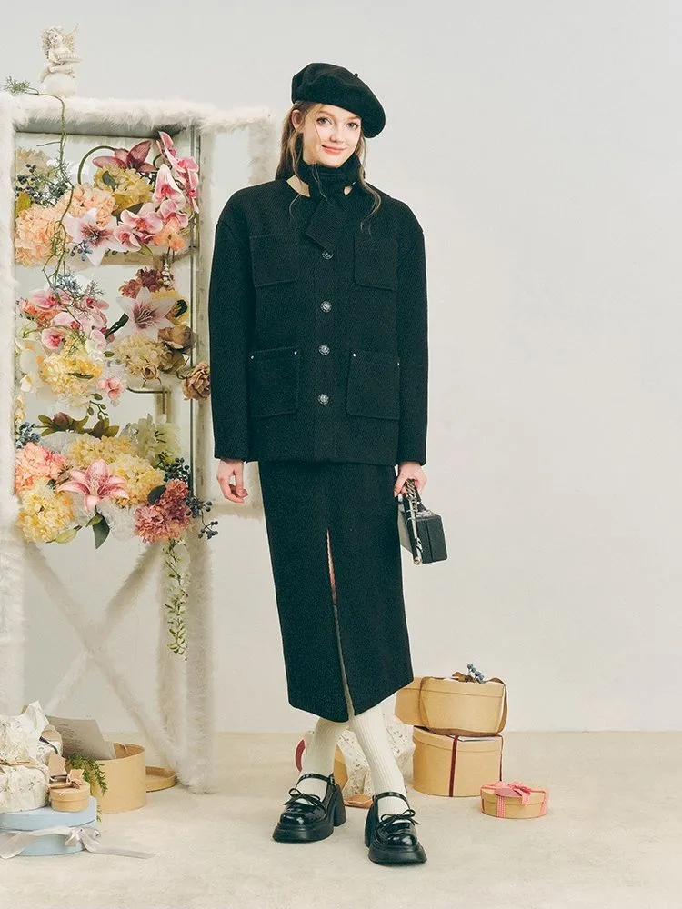 Music Lessons Wool Jacket Black Split Half Skirt Set【s0000005285】