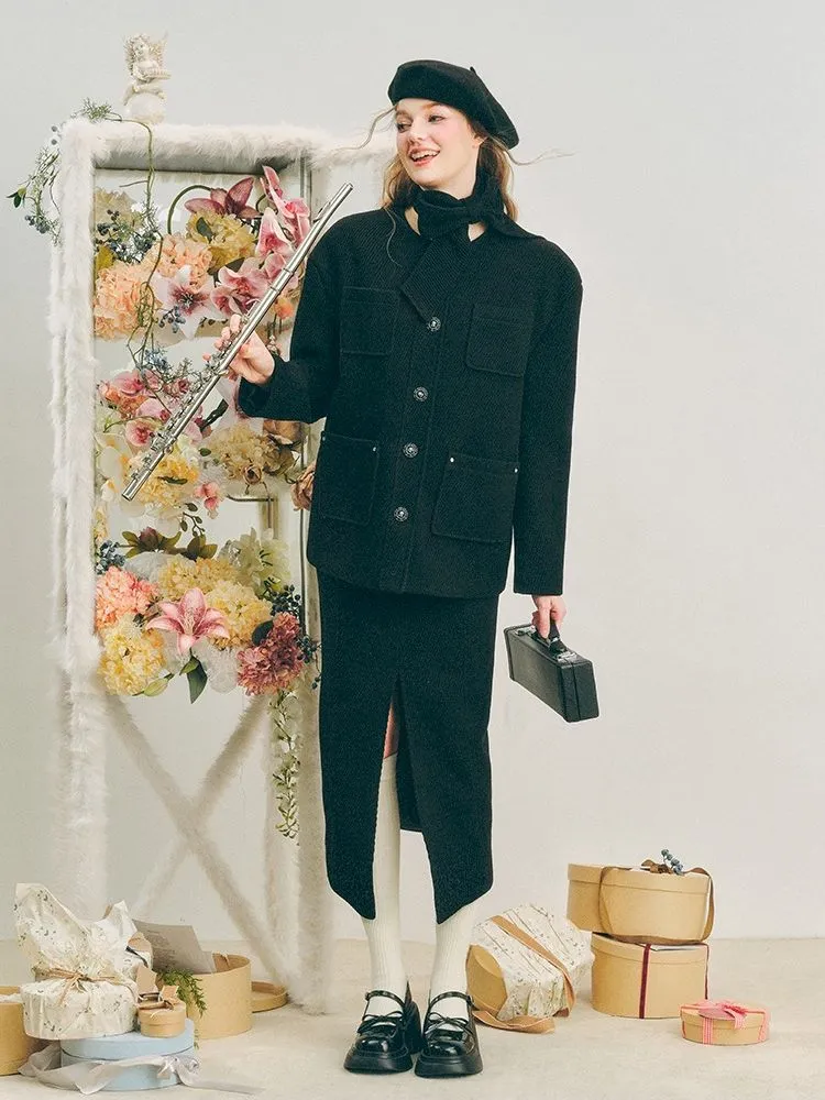 Music Lessons Wool Jacket Black Split Half Skirt Set【s0000005285】