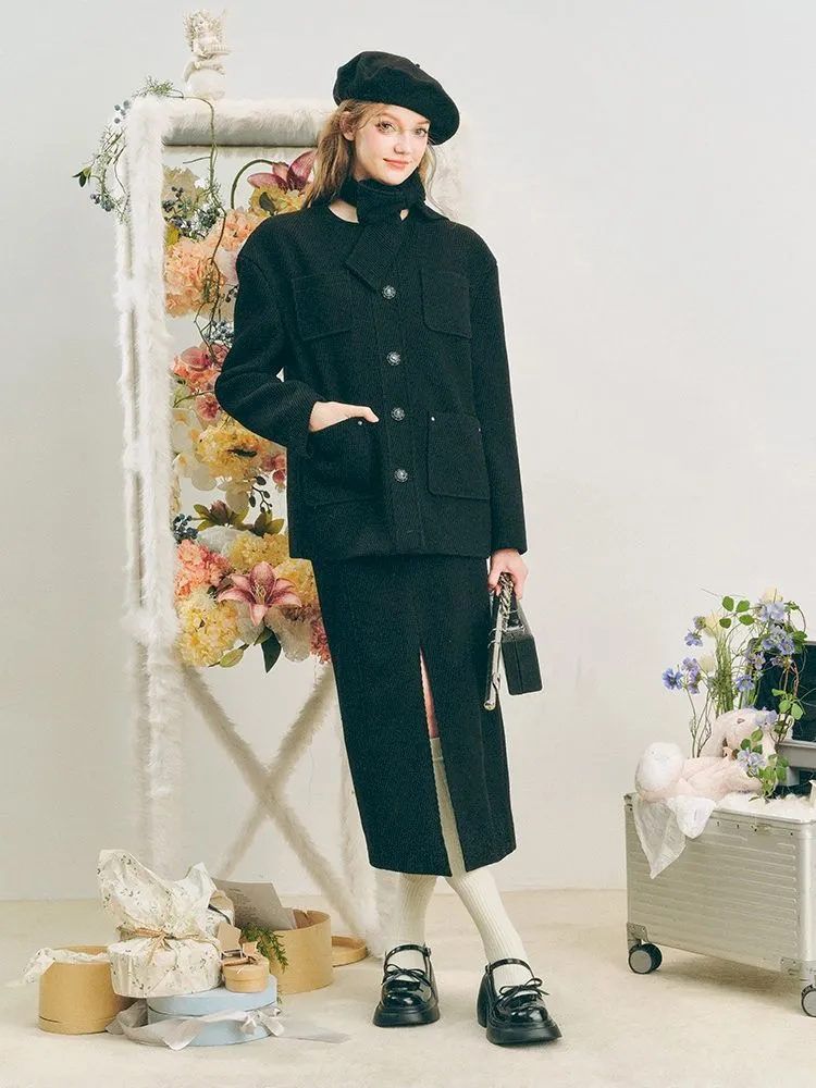 Music Lessons Wool Jacket Black Split Half Skirt Set【s0000005285】