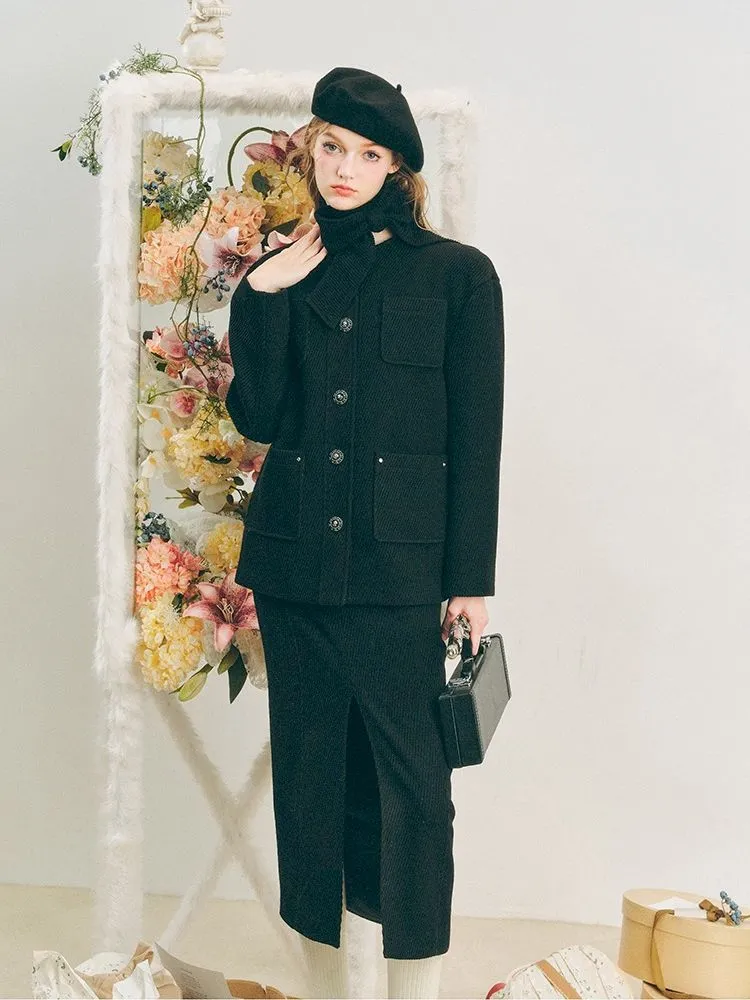 Music Lessons Wool Jacket Black Split Half Skirt Set【s0000005285】