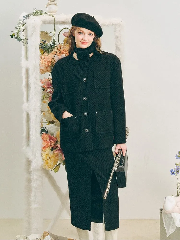 Music Lessons Wool Jacket Black Split Half Skirt Set【s0000005285】