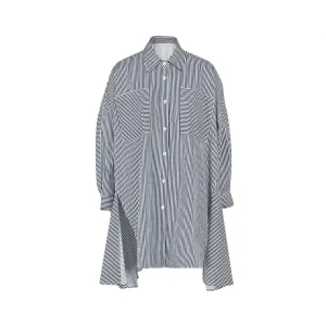 Pre Order: Loose Striped Single Breasted Irregular Long Shirt