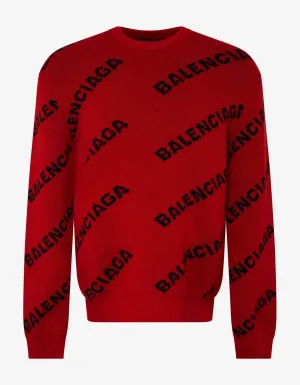 Red Logo Jacquard Crew Neck Sweater -