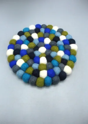 Royal Blue Multi  Colored Felt Ball Round Trivet