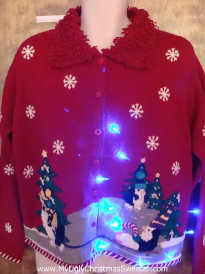 Sledding Penguin Party Tacky Xmas Sweater with Lights