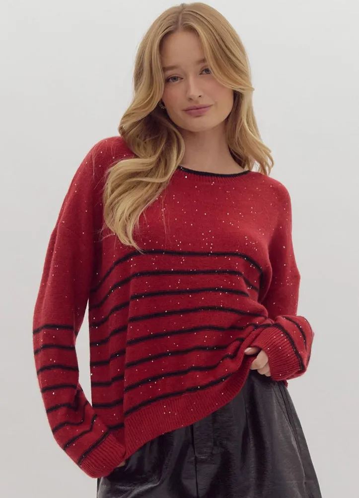 Stripe Semi Sequin LS Sweater with Slit Back and Velvet Bows in Red by Entro