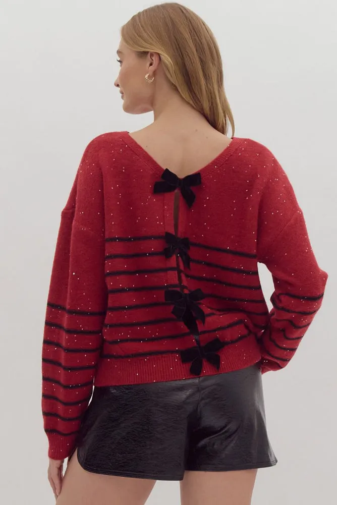 Stripe Semi Sequin LS Sweater with Slit Back and Velvet Bows in Red by Entro