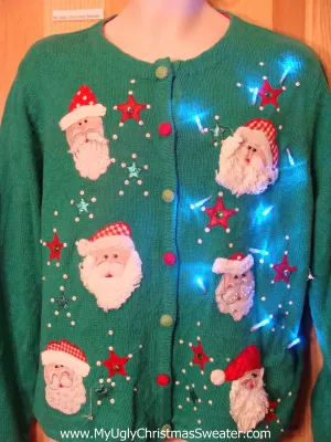 Tacky Green Light Up Christmas Sweater Santa Heads and Snowflakes