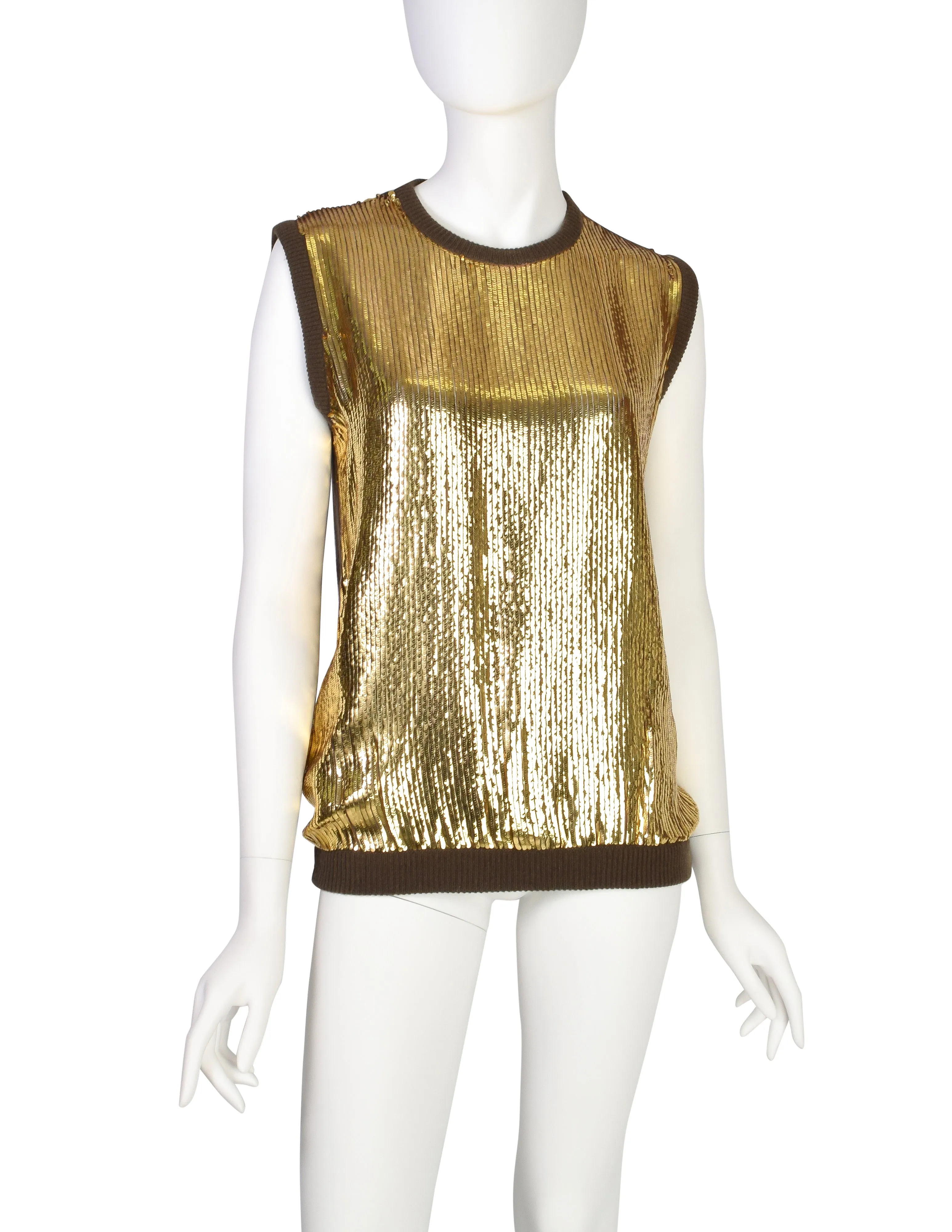 Valentino Vintage Gold Sequin Brown Knit Wool Sleeveless Sweater Vest