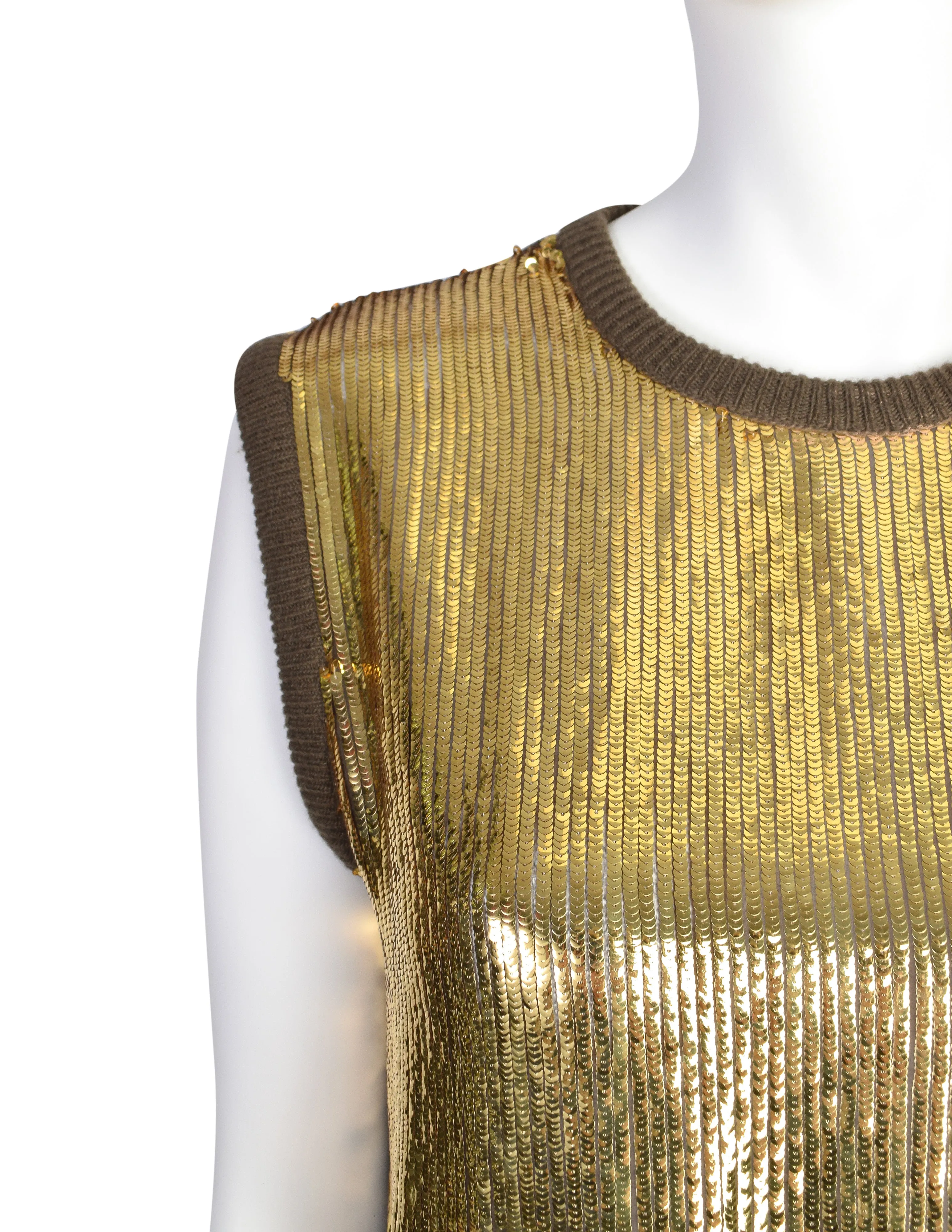 Valentino Vintage Gold Sequin Brown Knit Wool Sleeveless Sweater Vest