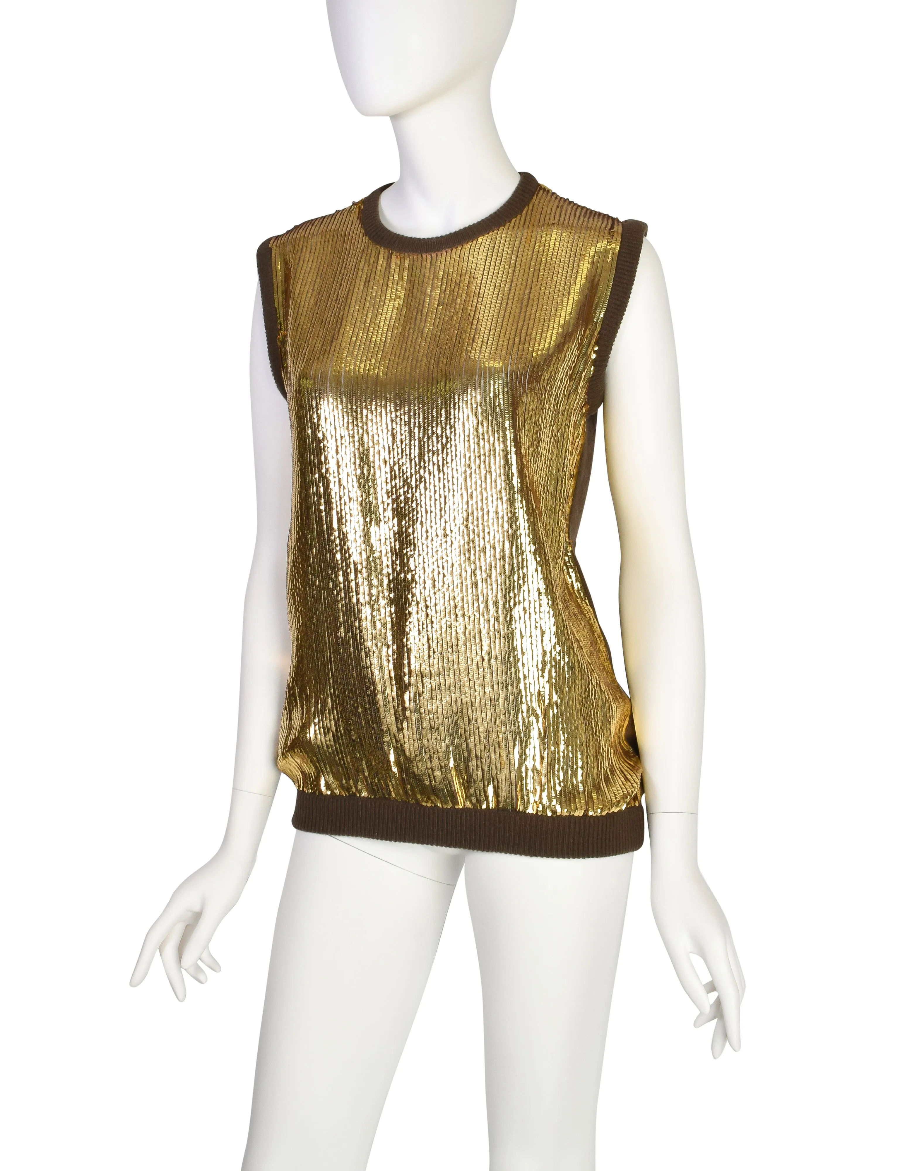 Valentino Vintage Gold Sequin Brown Knit Wool Sleeveless Sweater Vest