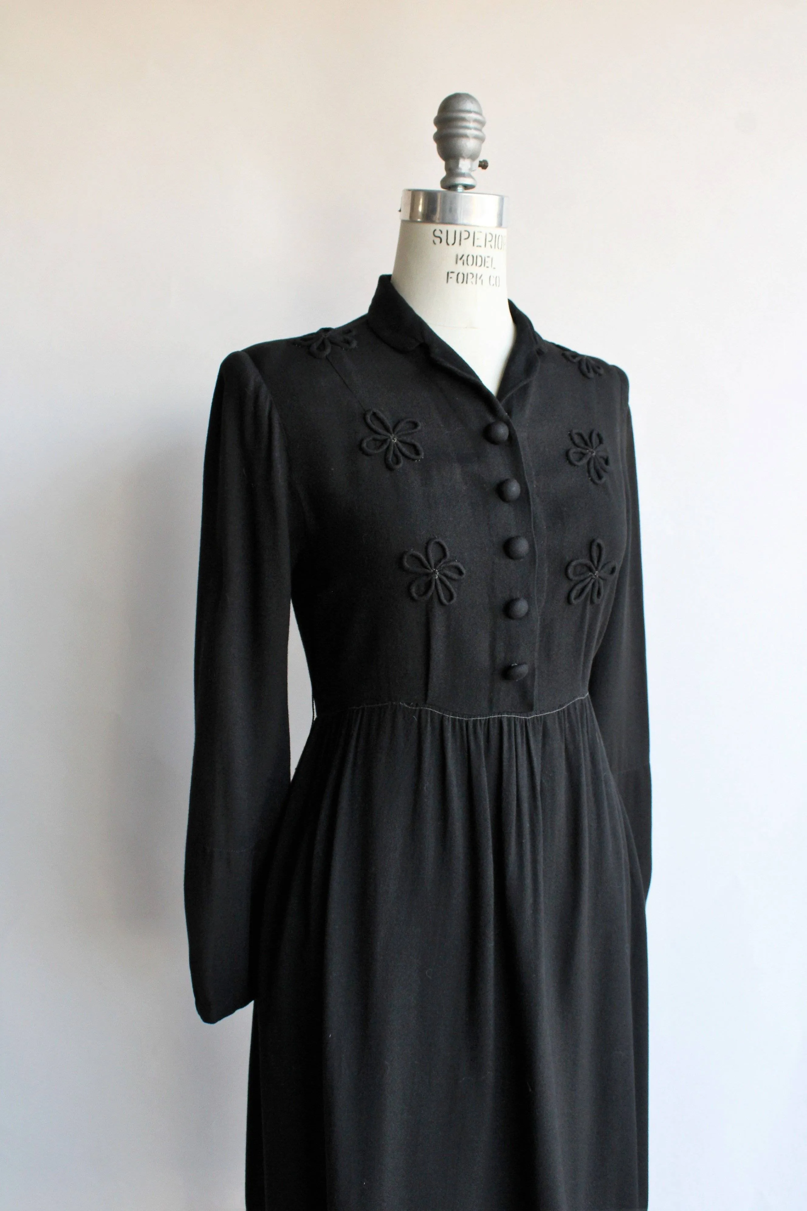 Vintage 1930s 1940s Black Wool Dress