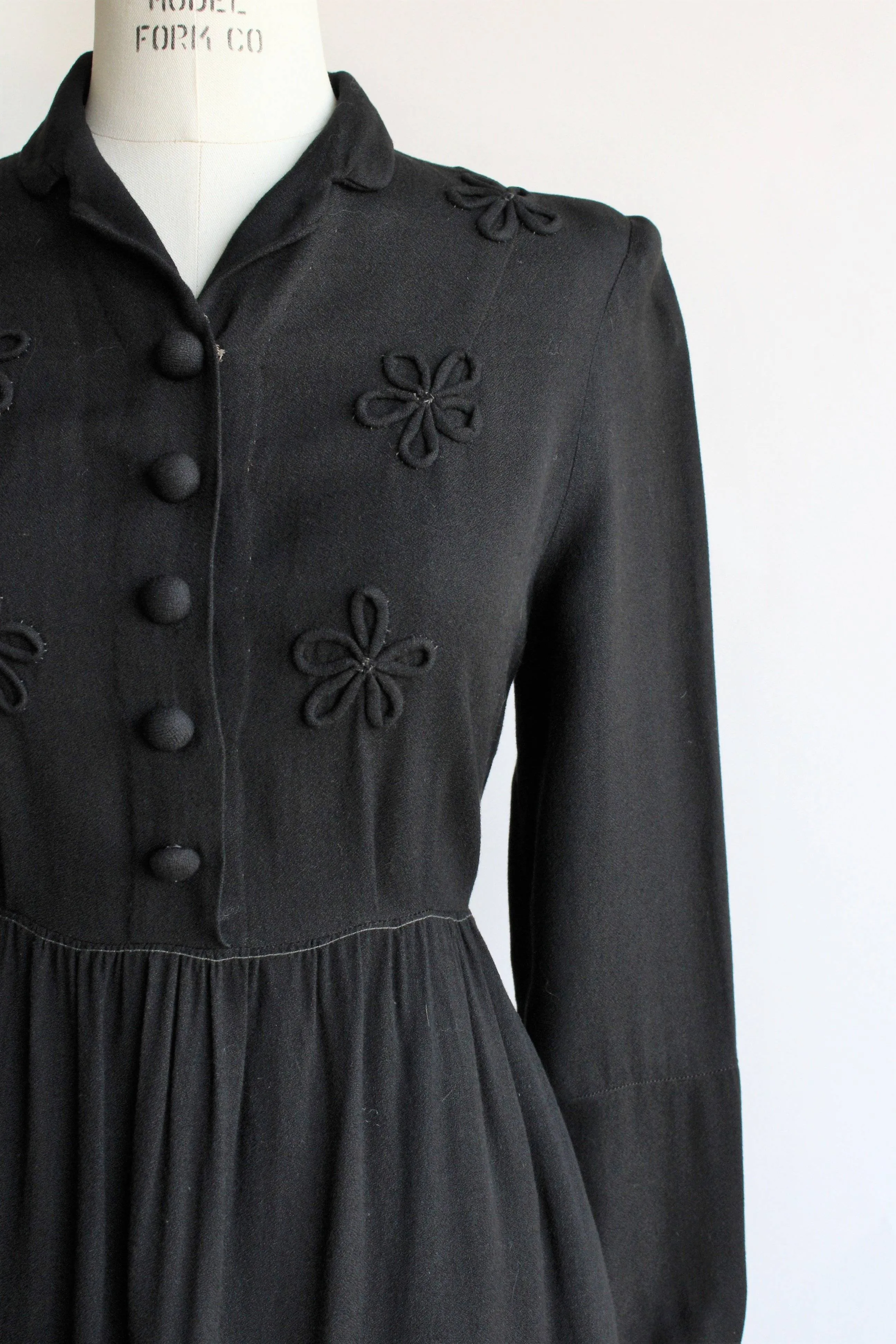 Vintage 1930s 1940s Black Wool Dress