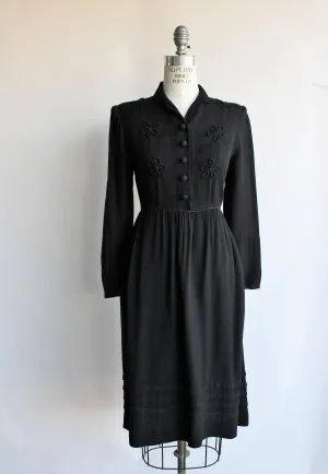 Vintage 1930s 1940s Black Wool Dress