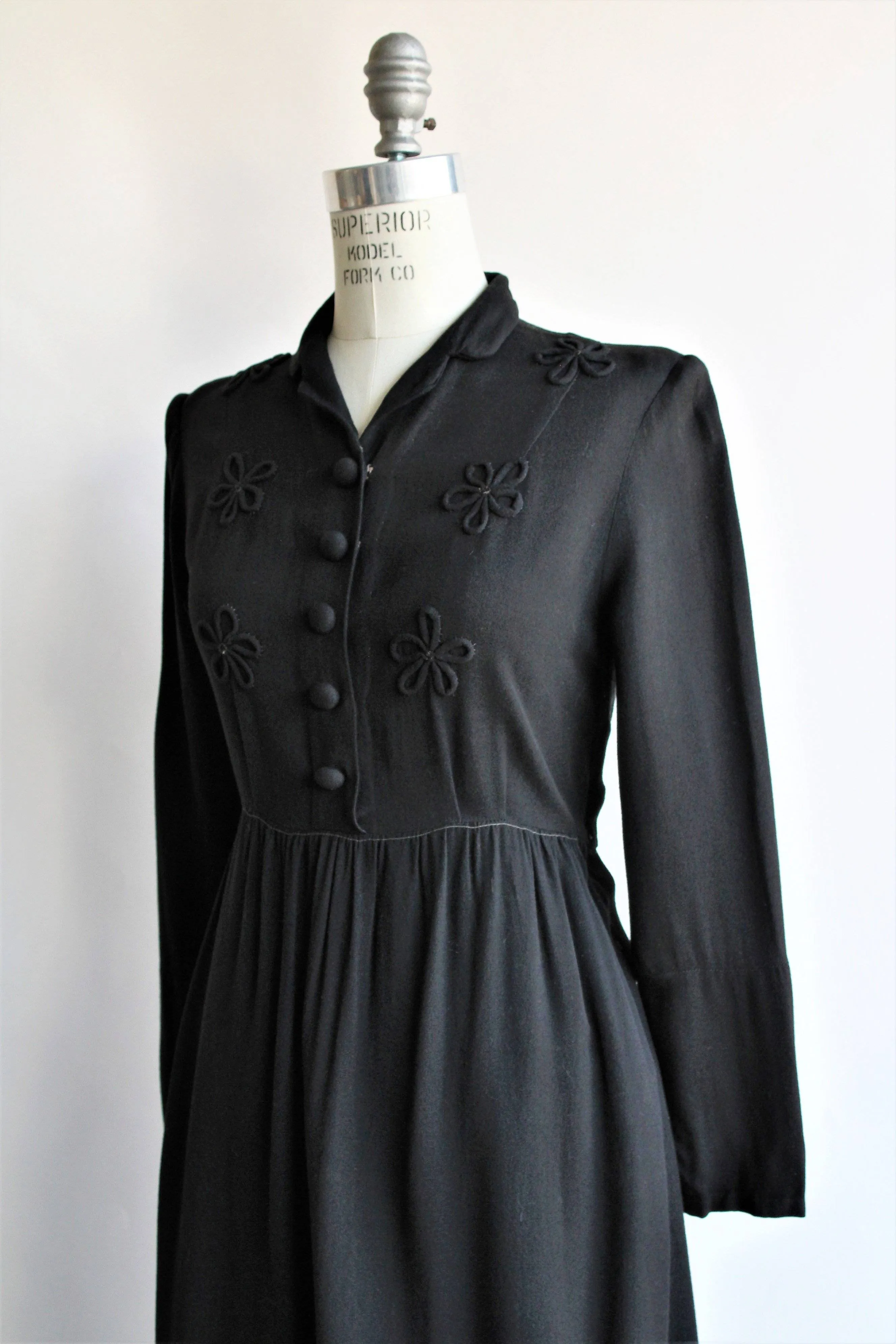 Vintage 1930s 1940s Black Wool Dress