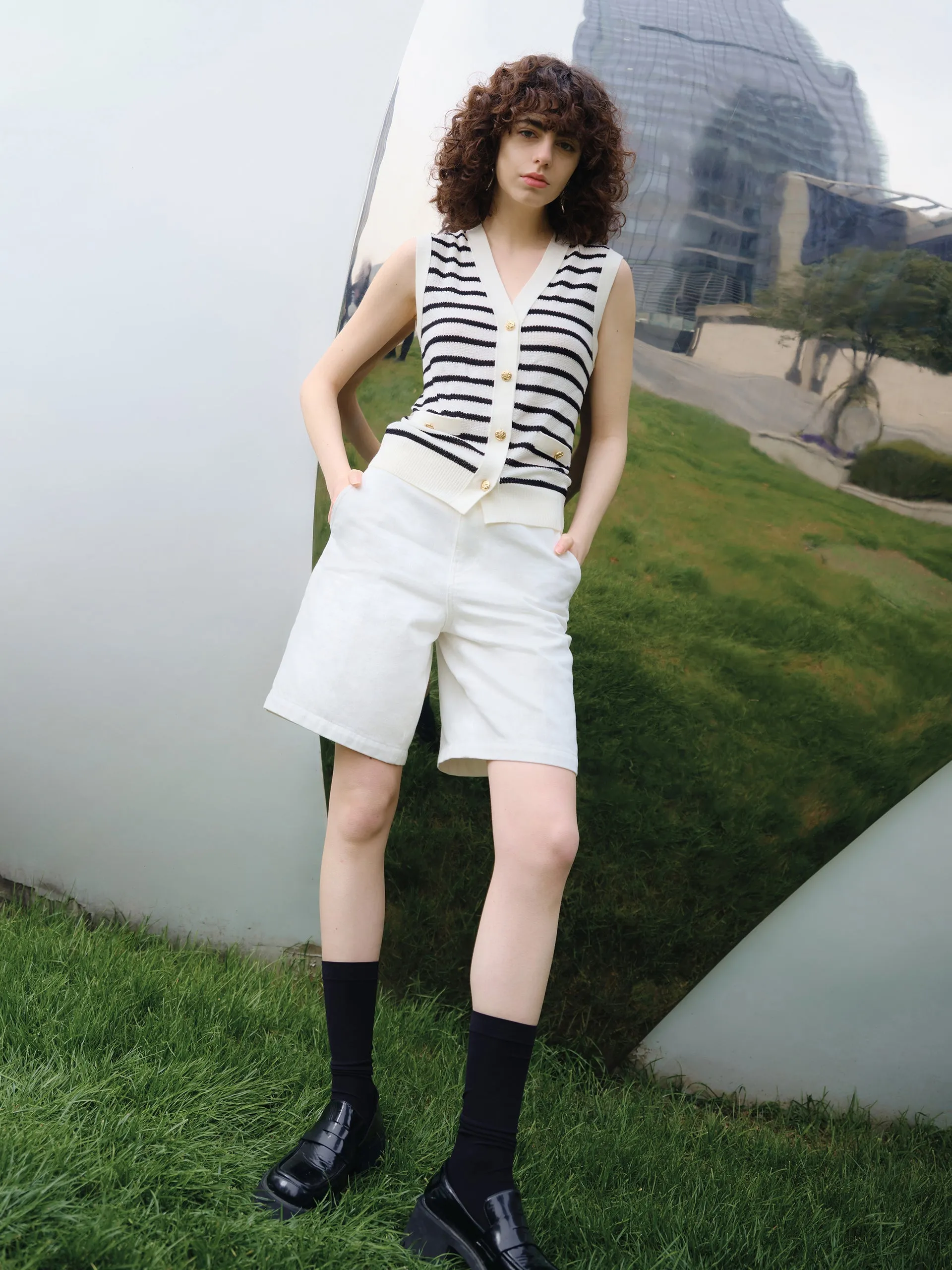 Wool Stripe Cropped Knit Top